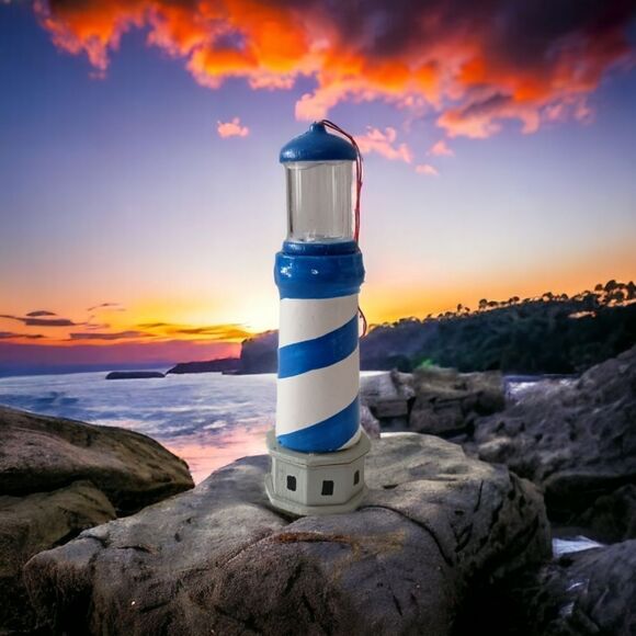 Wooden Lighthouse Christmas Ornament Blue White Midwest Cannon Falls Coastal - Picture 1 of 16